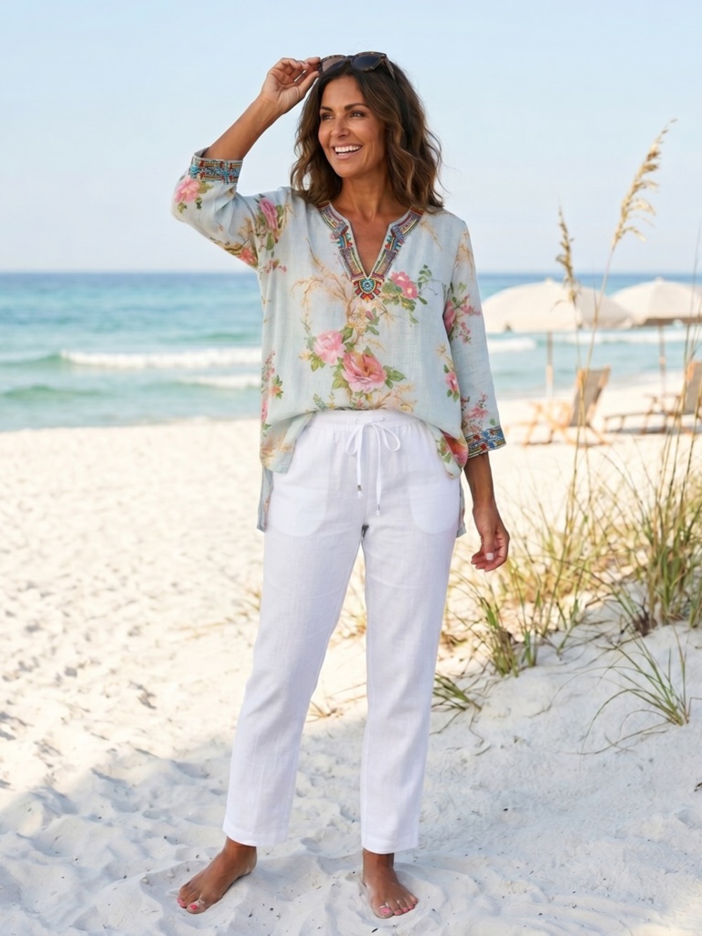 Soft Surroundings Linen Cotton Blend Floral Embriodered Flowy Summer Top Size 1X